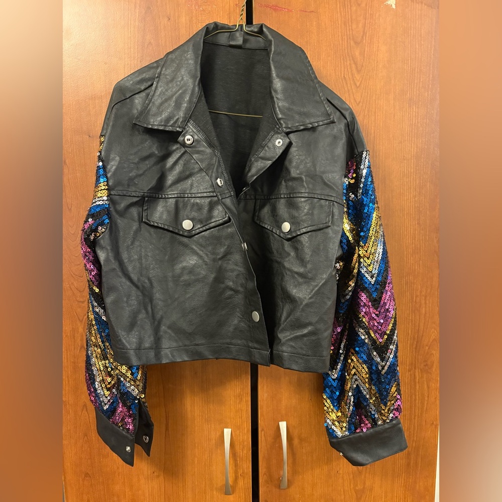 SHEIN Black Faux Leather Jacket – Sequin Chevron Sleeves – Size L